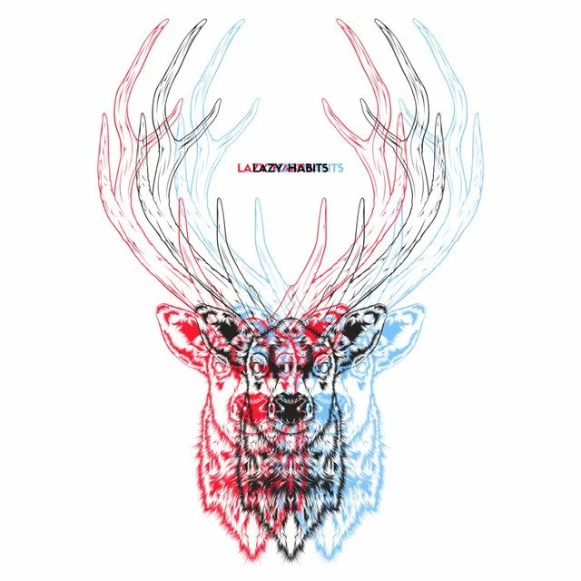 Album cover: The Atrocity Exhibition by Lazy Habits, a line drawn stag head in red and blue